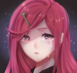  1girl black_background brown_eyes closed_mouth commentary_request crying crying_with_eyes_open expressionless hair_ornament hairclip lanmei_jiang light_particles long_hair looking_at_viewer ming_wei_aiqing_de_chibang pink_hair portrait solo swept_bangs tears 