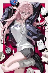  1girl adidas aimitkkays band_shirt black_jacket can cat crushed_can drink_can glasses grey_eyes grey_skirt grey_socks highres huh?_cat_(meme) jacket loose_socks meme merchandise original pepsi pink_hair round_eyewear skirt socks soda_can solo 