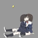  2girls absurdres black_jacket black_socks blazer blue_jacket blush brown_eyes brown_hair character_request closed_eyes collared_shirt copyright_request expressionless food fruit full_body grey_background highres jacket kneehighs lemon long_sleeves multiple_girls neckerchief red_neckerchief school_uniform shirt shoes short_hair simple_background sitting socks tsukumizu_yuu uwabaki white_footwear white_shirt yuri 