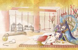  2girls biwa_lute black_hair crown flower fujishima_mio full_body hair_rings headpiece indoors instrument japanese_clothes kimono kokorowa-hime koto_(instrument) lap_pillow long_hair looking_at_another lute_(instrument) multiple_girls official_art sakuna-hime sleeping smile tabi tensui_no_sakuna-hime very_long_hair 