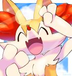  animal_ear_fluff artist_name braixen closed_eyes fangs happy highres multicolored_fur no_humans open_mouth pokemon pokemon_(creature) portrait red_fur signature smile solo tarnar white_fur yellow_fur 