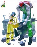  1boy 1girl android baseball_cap blue_hair grin hair_over_one_eye hat highres jumpsuit liquid_soap looking_down navel original pants radioactive ramon_nunez reference_inset robot rock rubble shoes simple_background sleeveless smile sponge trash_can white_background yellow_pants 