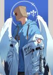  1boy alternate_costume angel_wings bag blue_hoodie faust_(guilty_gear) feathered_wings glowing glowing_eye guilty_gear guilty_gear_strive highres hood hoodie long_sleeves looking_at_viewer male_focus paper_bag stethoscope upper_body white_hoodie white_wings wings yeji36 