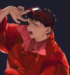  1boy akira_(manga) angry black_eyes black_hair fang goggles goggles_on_head highres jacket kaneda_shoutarou_(akira) male_focus open_mouth red_jacket solo teeth upper_body yononaka 