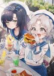  2girls black_hair blue_bow blue_hair blue_sailor_collar blue_sky bow brown_eyes burger cup drinking_straw eating food french_fries fruit glasses gloves gradient_hair green_eyes grey_hair hat highres hirato_(kancolle) holding holding_food holding_spoon ice_cream kantai_collection ketchup lemon lemon_slice long_hair long_sleeves matsuwa_(kancolle) multicolored_hair multiple_girls neckerchief open_mouth pleated_skirt ruohire9 sailor_collar sailor_hat school_uniform serafuku short_hair skirt sky smile spoon sundae sweat very_long_hair white_gloves white_hat 