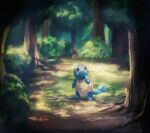  animal_focus brown_hair bush closed_mouth dappled_sunlight forest full_body looking_up nature no_humans outdoors phil_dragash pokemon pokemon_(creature) solo squirtle sunlight tree 