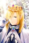  1boy ascot bishounen blonde_hair blue_brooch blue_eyes blue_gemstone blue_shirt cape closed_mouth crown expressionless followers_favorite_challenge gem gloves hair_between_eyes hand_in_own_hair highres long_bangs long_hair looking_at_viewer male_focus multiple_drawing_challenge nyhill_m._heine parted_bangs ragnarok_online rii_(orkaki_r) shirt solo stained_glass upper_body white_ascot white_cape white_gloves 