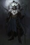  1boy absurdres ame_sagari armor blue_loincloth character_request copyright_request full_armor full_body grey_background helmet highres holding holding_staff male_focus simple_background solo staff standing 