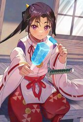  1boy :d artist_name bishounen blush commentary_request day food grin hair_intakes hakama hakama_pants hand_up high_ponytail highres holding holding_food holding_popsicle houjou_tokiyuki_(nige_jouzu_no_wakagimi) incoming_food japanese_clothes kariginu katana kimono long_hair long_sleeves looking_at_viewer male_focus nige_jouzu_no_wakagimi outdoors pants parted_bangs piyopuni0521 popsicle porch purple_hair purple_kimono red_hakama ribbon-trimmed_sleeves ribbon_trim sash sheath sheathed shouji sidelocks_tied_back signature sitting sliding_doors smile solo sunlight sweatdrop sword weapon 