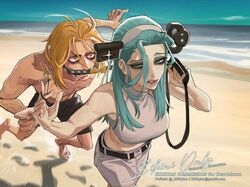  1boy 1girl a.b.a bags_under_eyes blonde_hair chain denim green_eyes green_hair guilty_gear guilty_gear_strive highres humanization jeans key key_in_head kidkyan long_hair looking_at_viewer object_through_head pants paracelsus_(guilty_gear) shorts sleeveless smile 