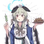  1girl :q animal_ears apron blue_archive blue_kimono brown_eyes closed_mouth dango dog_ears dot_nose emphasis_lines food grey_hair hair_between_eyes hair_ribbon halo highres holding holding_food holding_plate japanese_clothes kilabo kimono long_hair looking_at_viewer maid maid_headdress plate ribbon simple_background solo sparkle steam takoyaki tongue tongue_out translated umika_(blue_archive) upper_body wa_maid wagashi white_apron white_background wide_sleeves 