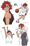  0321smith 2girls artist_name ball bare_arms basketball basketball_(object) basketball_uniform black_jacket black_tank_top blue_eyes bottle contemporary gundam gundam_suisei_no_majo highres jacket long_hair long_sleeves miorine_rembran multiple_girls parted_lips playing_sports ponytail redhead shorts sportswear suletta_mercury sweat tank_top thick_eyebrows translation_request water_bottle white_background white_hair white_shorts wristband 