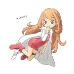  1girl achillex_mouly artist_name black_eyes coat covering_own_mouth dress hand_over_own_mouth long_hair mona_(warioware) orange_hair red_dress red_footwear simple_background warioware white_background white_coat 