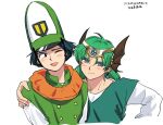  2boys :d arm_around_shoulder black_hair buttons clift closed_mouth commentary_request dragon_quest dragon_quest_iv earrings green_hair green_hat hat hero_(dq4) jewelry looking_at_viewer male_focus multiple_boys one_eye_closed shirt short_hair simple_background slime_(dragon_quest) smile tktrkgy translation_request violet_eyes white_background white_shirt wing_hair_ornament 