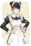  1girl alternate_costume apron black_dress black_hair blue_hair border choker closed_mouth collared_dress commentary cropped_legs diagonal_bangs double_bun dress enmaided hair_bun hands_on_own_hips harusaruhi headphones highres isshiki_(ffmania7) juliet_sleeves kamitsubaki_studio light_smile long_sleeves looking_at_viewer maid maid_apron maid_headdress multicolored_hair outside_border puffy_sleeves redhead short_hair signature solo standing streaked_hair symbol-only_commentary virtual_youtuber white_apron white_border yellow_background yellow_choker yellow_eyes yellow_lips 