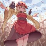  1girl aki_minoriko animal_on_arm apron bird blonde_hair fruit_hat_ornament highres outdoors praeto red_apron red_eyes red_hat short_hair solo touhou wheat_field wide_sleeves 