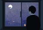  1boy animated animated_gif artist_name black_hair black_sweater building cityscape clouds cloudy_sky colored_skin english_commentary frogapples from_behind glass grey_skin ice ice_cube looping_animation moon night original pixel_art short_hair sky solo sweater upper_body window 