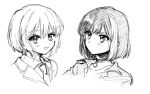 2girls :o aoba_moca bang_dream! blush_stickers chest_jewel choker coattails collared_jacket commentary_request cropped_torso greyscale jacket looking_ahead mitake_ran monochrome multiple_girls necktie no+bi= open_clothes open_jacket open_mouth parted_lips shirt short_hair simple_background sketch smile white_background