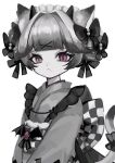  1girl animal_ears black_ribbon butterfly_hair_ornament cat_ears cat_girl cat_tail checkered_sash closed_mouth grey_hair grey_kimono hair_intakes hair_ornament hair_ribbon highres horns japanese_clothes kimono long_sleeves looking_at_viewer looking_to_the_side mole mole_under_mouth obi original ribbon sash shiona_(siona0625) short_hair simple_background slit_pupils solo tail upper_body violet_eyes white_background x_hair_ornament 