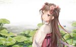  1girl absurdres animal blush brown_hair bug butterfly chinese_clothes chinese_knot day flower hair_between_eyes hair_bun hair_flower hair_ornament hanfu haruka_poi highres lily_pad long_hair long_sleeves looking_at_viewer looking_back outdoors parted_lips pink_flower qixiong_ruqun red_eyes ribbon ruqun solo standing suomi_(girls&#039;_frontline) very_long_hair water wide_sleeves 