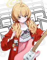  1girl blue_archive electric_guitar guitar halo highres holding holding_instrument instrument kabu_(niniko2ko) looking_at_viewer medium_hair shirt solo twintails white_shirt yellow_halo yoshimi_(band)_(blue_archive) yoshimi_(blue_archive) 