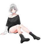  1girl ankle_boots arms_at_sides bang_dream! bang_dream!_it&#039;s_mygo!!!!! black_footwear black_shirt blue_eyes blunt_bangs blush boots closed_mouth collarbone cross-laced_footwear full_body grey_hair heterochromia highres kaname_raana knees_together_feet_apart knees_up lace-up_boots layered_sleeves long_shirt long_sleeves looking_at_viewer medium_hair off-shoulder_shirt off_shoulder roko_(pe0e07) shirt shoe_soles short_sleeves simple_background single_bare_shoulder sitting sleeves_past_wrists solo undershirt white_background white_shirt yellow_eyes 
