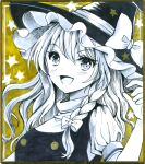 1girl black_vest bow braid breasts buttons commentary_request hajike_akira hat hat_bow highres kirisame_marisa limited_palette long_hair marisa_day puffy_sleeves side_braid single_braid small_breasts solo star_(symbol) touhou traditional_media turtleneck undershirt upper_body vest witch witch_hat yellow_background 