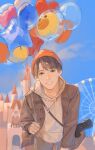  1boy absurdres amusement_park balloon beanie blue_sky brown_coat brown_eyes brown_hair brown_sleeves buttons camera castle clouds coat collared_coat cowboy_shot day ferris_wheel grey_pants grin hat heart_balloon highres holding holding_balloon hood hood_down hoodie leaning_forward long_sleeves looking_at_viewer male_focus mukai_kouji open_clothes open_coat orange_hat outdoors pants parted_bangs pocket qiji_lajiao real_life short_hair sky smile snow_man_(jpop) solo star_balloon white_hoodie 