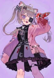  1girl blonde_hair blood blood_on_clothes blood_on_face blood_on_weapon bloody_clothes cat_ears cat_girl choker crazy_eyes dress eyepatch female heart-shaped_pupils holding holding_knife holding_weapon looking_at_viewer nelta_rene purple_background smile solo twintails yandere 