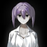  1girl :| black_background black_eyes breasts chinese_commentary closed_mouth collarbone collared_shirt commentary_request empty_eyes hair_between_eyes hair_intakes highres jacket kyoko_(akakikyoko) large_breasts looking_at_viewer open_clothes open_jacket open_shirt original portrait purple_hair shirt simple_background solo twintails white_jacket white_shirt 