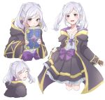  1girl :d aged_down black_coat black_skirt book bow brown_eyes brown_gloves coat fingerless_gloves fire_emblem fire_emblem_awakening fire_emblem_heroes gloves highres holding holding_book long_hair long_sleeves looking_at_viewer multiple_views official_alternate_costume open_clothes open_coat open_mouth purple_bow robin_(female)_(child)_(fire_emblem) robin_(female)_(fire_emblem) robin_(fire_emblem) sayaka_(fe_uma274) skirt smile twintails white_background white_hair 