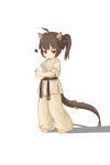  1girl absurdres ahoge barefoot belt black_belt brown_hair chinese_commentary commentary_request dougi dragon_girl dragon_tail egg full_body highres holding holding_egg horns kuma-bound martial_arts_belt medium_hair original pants pout red_eyes simple_background solo squiggle standing tail toes v-shaped_eyebrows white_background white_pants 