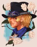  1boy ascot black_hat blonde_hair blue_shirt character_name closed_mouth commentary doe_blomsterfe earrings english_commentary flower goggles goggles_on_headwear hat highres jewelry leaf male_focus one_piece sabo_(one_piece) scar scar_on_face shirt short_hair smile solo top_hat white_ascot white_flower 