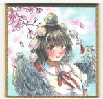  bird_wings black_hair black_hat black_wings branch breasts cherry_blossoms closed_mouth collarbone commentary_request day feathered_wings happy hat looking_at_viewer neck_ribbon outdoors painting_(medium) pom_pom_(clothes) puffy_short_sleeves puffy_sleeves red_eyes red_ribbon ribbon shameimaru_aya shin1ar24 shirt short_hair short_sleeves small_breasts smile tassel tokin_hat touhou traditional_media watercolor_(medium) white_shirt wings 