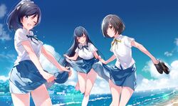  3girls bare_legs barefoot beach black_hair blue_eyes blue_skirt breasts brown_eyes brown_hair closed_eyes clothes_pull feet highres holding holding_clothes holding_footwear leg_up long_hair medium_breasts medium_hair multiple_girls ocean one_eye_closed open_mouth original ponytail ribbon school_uniform shirt skirt skirt_pull toes u35 white_shirt 