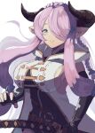  asymmetrical_gloves belt blue_eyes braid breasts butterfly_earrings demon_horns draph earrings gloves granblue_fantasy hair_ornament hair_over_one_eye highres horns jewelry katana large_breasts narmaya_(granblue_fantasy) pointy_ears potato_jetro single_braid sword uneven_gloves violet_eyes weapon 