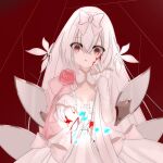  absurdres blood blood_on_face blood_on_hands copyright_request crying crying_with_eyes_open dress flower hair_ornament hair_ribbon highres hikari_(arcaea) hikari_(fatalis)_(arcaea) long_hair looking_at_viewer non-web_source open_mouth pink_flower pink_rose red_background red_eyes ribbon rose simple_background tears white_dress white_hair 