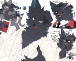  1boy 1girl animal_ears black_fur black_hair blank_eyes blood blue_eyes body_fur bow braid card cat_ears cat_girl cat_tail claws collared_shirt commentary_request dog_boy dog_ears fang fangs furry furry_female furry_male grey_fur hair_between_eyes hands_up highres holding holding_card knifed long_hair long_sleeves looking_at_viewer open_mouth original playing_card pointing puffy_long_sleeves puffy_sleeves rata_(norahasu) sharp_teeth shirt simple_background tail tail_bow tail_ornament teeth tongue tongue_out translation_request twin_braids upper_body white_background white_shirt 