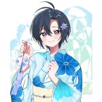  1girl antenna_hair black_hair blue_kimono floral_print flower hair_between_eyes hair_flower hair_ornament highres holding holding_wind_chime idolmaster idolmaster_(classic) japanese_clothes kikuchi_makoto kimono kitajima_(0216_ktjm) looking_at_viewer obi sash short_hair smile solo upper_body violet_eyes wind_chime 