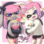  2girls :d absurdres animal_ears black_bow black_hairband black_shorts border bow commentary_request dolphin_shorts evolutionary_line fake_animal_ears grey_fur hair_bow hairband highres holding holding_pokemon hug inkling inkling_(language) inkling_girl inkling_player_character long_hair mano_(mix103) medium_hair multiple_girls one_eye_closed open_mouth outside_border pink_background pink_hair pink_trim pointy_ears pokemon pokemon_(creature) purple_hair rabbit rabbit_ears raboot red_eyes scorbunny shorts simple_background smile splatoon_(series) splatoon_3 standing tentacle_hair white_border white_fur 