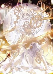 1girl clock clock_hair_ornament closed_eyes dress e.g.o_(project_moon) elbow_gloves everlasting_(e.g.o) everlasting_faust_(project_moon) faust_(project_moon) gear_hair_ornament gears gloves highres holding holding_sword holding_weapon laenjen78201 limbus_company project_moon short_hair sleeveless sleeveless_dress solo sparkle sword weapon white_dress white_gloves white_hair white_veil 
