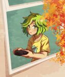  :o absurdres autumn_leaves blue_background controller game_controller grace_(noisz_starlivht) green_eyes green_hair highres holding indoors looking_at_object noisz_starlivht open_mouth print_shirt shirt short_sleeves star_(symbol) theconceptofanicecube tree window yellow_shirt 