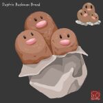  artist_logo artist_name bread dugtrio food food_focus food_name grey_background highres no_humans pokemon pokemon_(creature) simple_background yuki00yo 