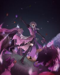  1boy arms_up balloon bird black_gloves black_shorts blue_hair boots closed_eyes coat creature dancing english_commentary fire full_body gavis_bettel gavis_bettel_(1st_costume) gloves goose grey_hair hair_between_eyes happy hat high_heel_boots high_heels highres holding holding_clothes holding_hat holostars holostars_english male_focus medium_hair multicolored_coat multicolored_hair night night_sky open_mouth outdoors pink_hair rainycoffeebean scarf shiny_clothes shorts sky smile solo standing standing_on_one_leg striped_coat thigh_boots thigh_strap top_hat virtual_youtuber white_scarf 