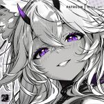  1girl animal_ear_fluff animal_ears close-up crossed_bangs double-parted_bangs eyelashes hair_between_eyes horns mitsu_(mitsu_art) monochrome original paid_reward_available purple_horns smile solo spot_color violet_eyes 