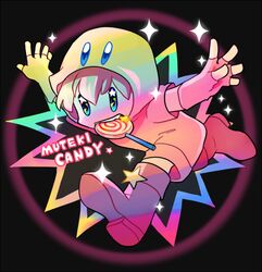  1boy black_background blue_eyes bodysuit boots candy character_hood child circle commentary_request fingerless_gloves food food_in_mouth full_body gloves hood hood_up hooded_bodysuit invincible_candy kirby kirby_(series) knee_boots lollipop male_focus mato_(mozu_hayanie) open_mouth outstretched_arms personification pink_bodysuit pink_gloves pink_hair rainbow_gradient red_footwear romaji_text romper running short_hair short_sleeves solid_oval_eyes solo sparkle star_(symbol) star_in_eye swirl_lollipop symbol_in_eye teeth upper_teeth_only 