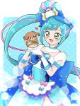  1girl back_bow blue_bow blue_dress blue_eyes blue_hair blurry bokeh bow clothing_cutout cure_spicy delicious_party_precure depth_of_field dress fuwa_kokone hair_bow heart hidesato_(user_xhje2235) highres huge_bow light_particles long_hair looking_at_another magical_girl multicolored_hair open_mouth pam-pam_(precure) pink_hair precure puffy_short_sleeves puffy_sleeves rope short_sleeves side_ponytail smile solo streaked_hair very_long_hair 