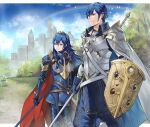  1boy 1girl ameno_(a_meno0) armor blue_cape blue_eyes blue_gloves blue_hair brand_of_the_exalt breastplate cape castle chrom_(fire_emblem) closed_mouth father_and_daughter fire_emblem fire_emblem_awakening fire_emblem_heroes gloves hair_between_eyes highres holding holding_polearm holding_shield holding_weapon lance long_hair long_sleeves lucina_(brave_princess)_(fire_emblem) lucina_(fire_emblem) official_alternate_costume outdoors polearm rainbow red_cape shield short_hair shoulder_armor smile symbol_in_eye tiara two-tone_cape weapon white_cape 