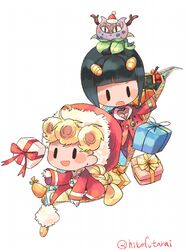  2boys black_hair blush_stickers box braid bruno_bucciarati chibi christmas diamond_wa_kudakenai earrings gift gift_box giorno_giovanna hair_ornament hat hitofutarai jewelry jojo_no_kimyou_na_bouken long_hair male_focus multiple_boys open_mouth santa_hat short_hair smile solid_oval_eyes stray_cat_(jojo) vento_aureo 