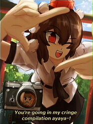  2girls :d absurdres black_skirt breasts brown_hair camera cringe_compilation_(meme) english_text finger_frame hakurei_reimu hat highres lad_der looking_at_viewer medium_breasts medium_hair meme miniskirt multiple_girls outdoors pom_pom_(clothes) red_eyes red_hat shameimaru_aya shirt skirt smile tokin_hat torii touhou tripod white_shirt 